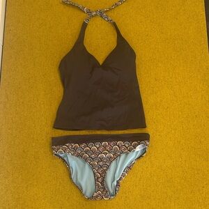 Athleta Black Halter Tankini with Patterned Bikini Bottom